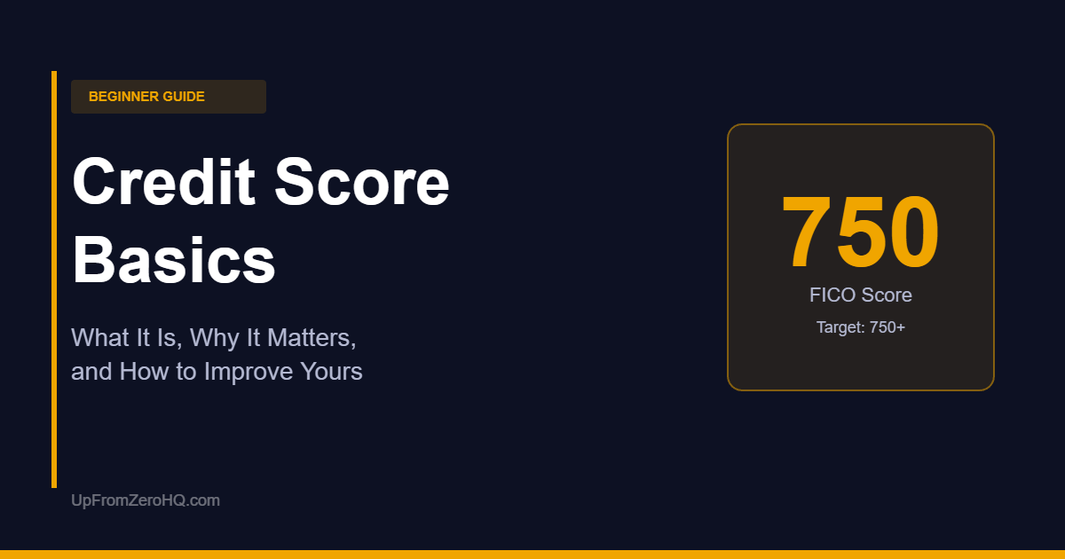 Credit score basics guide — FICO score 750 target on dark navy background
