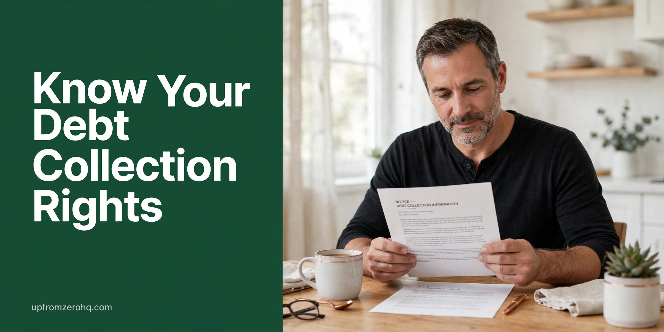 Man reading a debt collection notice at his kitchen table