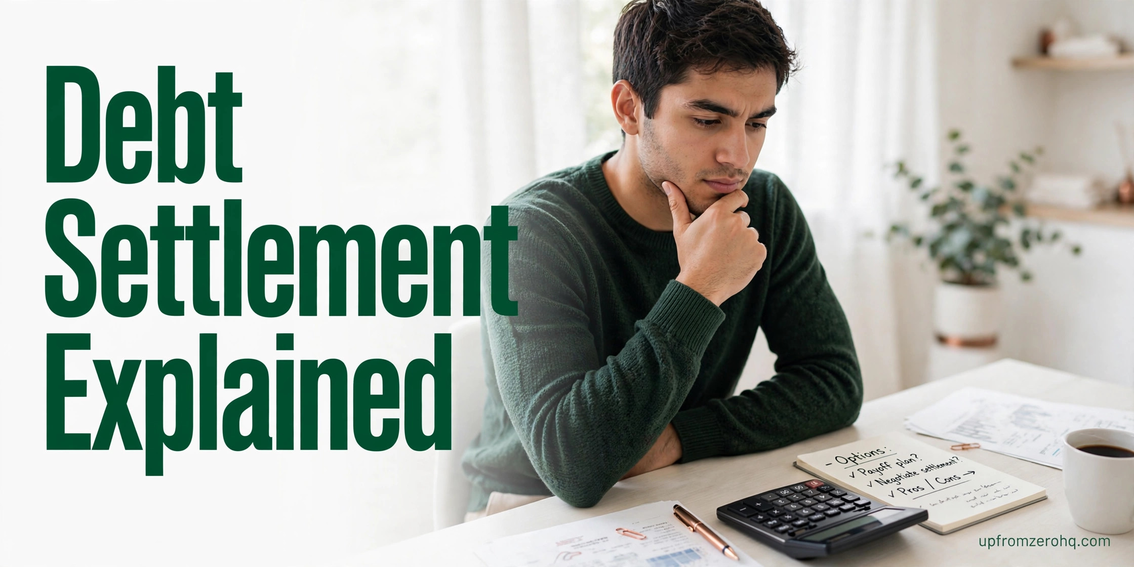 Man weighing debt settlement options with a calculator and notepad