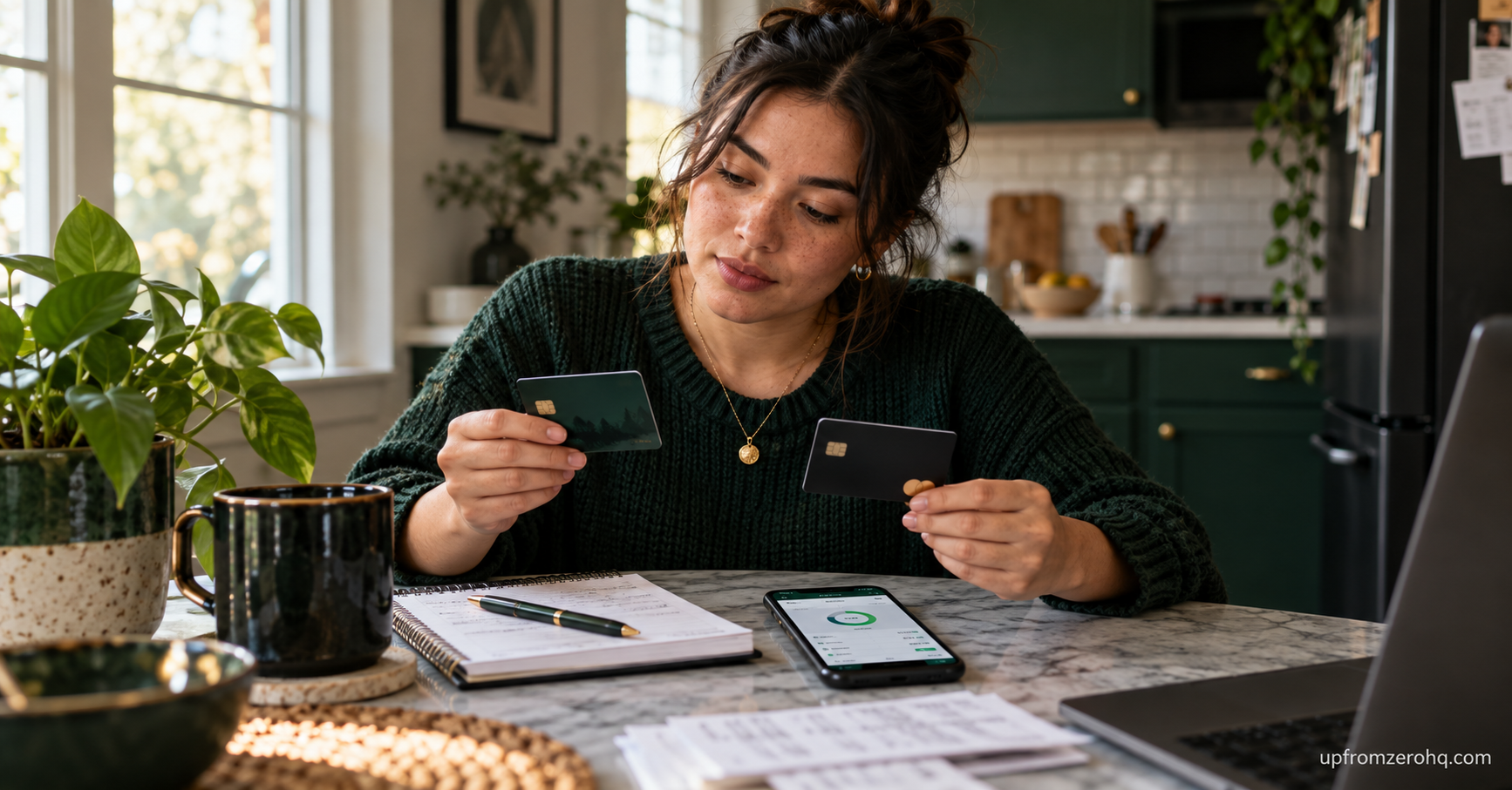 Person comparing credit-building options at home