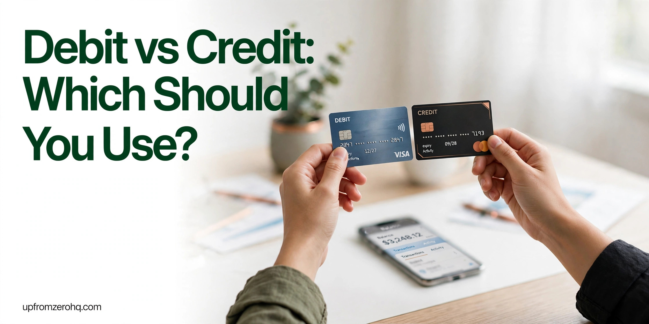 Hands holding a debit card and a credit card side by side for comparison