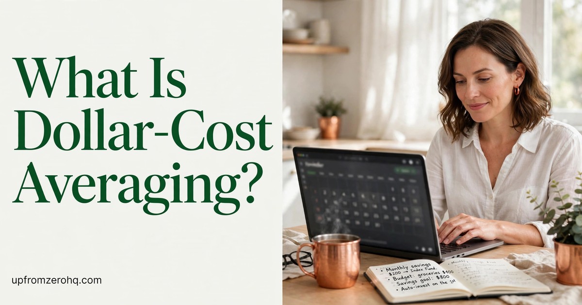 Woman setting up a recurring monthly index-fund investment on her laptop at a kitchen table