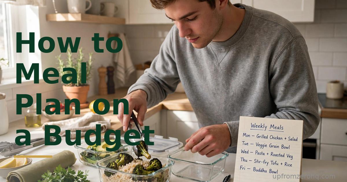 A young man portioning broccoli and rice into glass meal-prep containers beside a handwritten weekly meals list