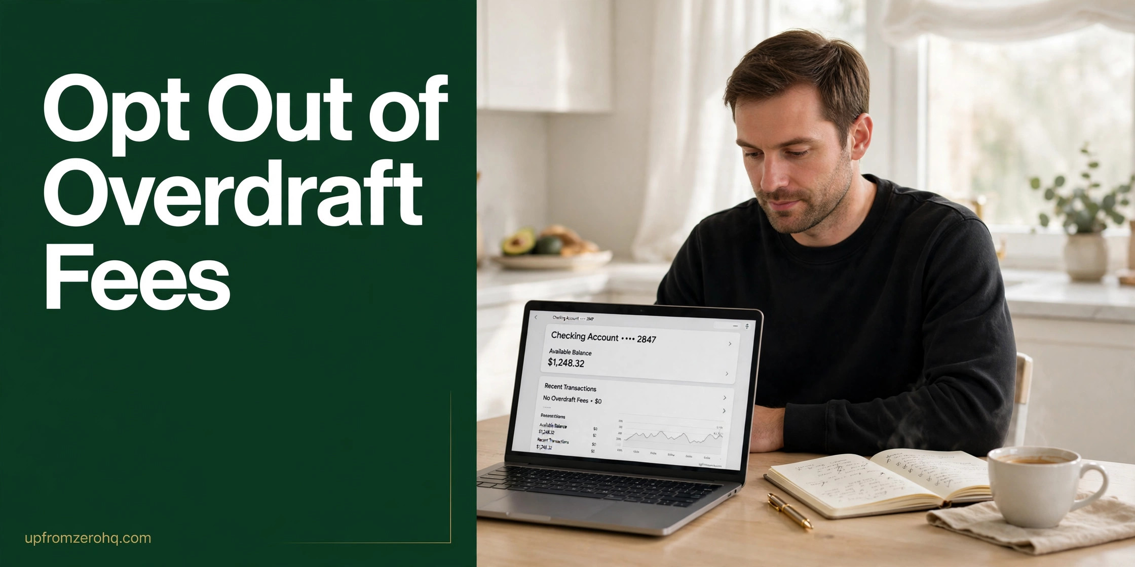 A man reviewing his checking account on a laptop to avoid overdraft fees
