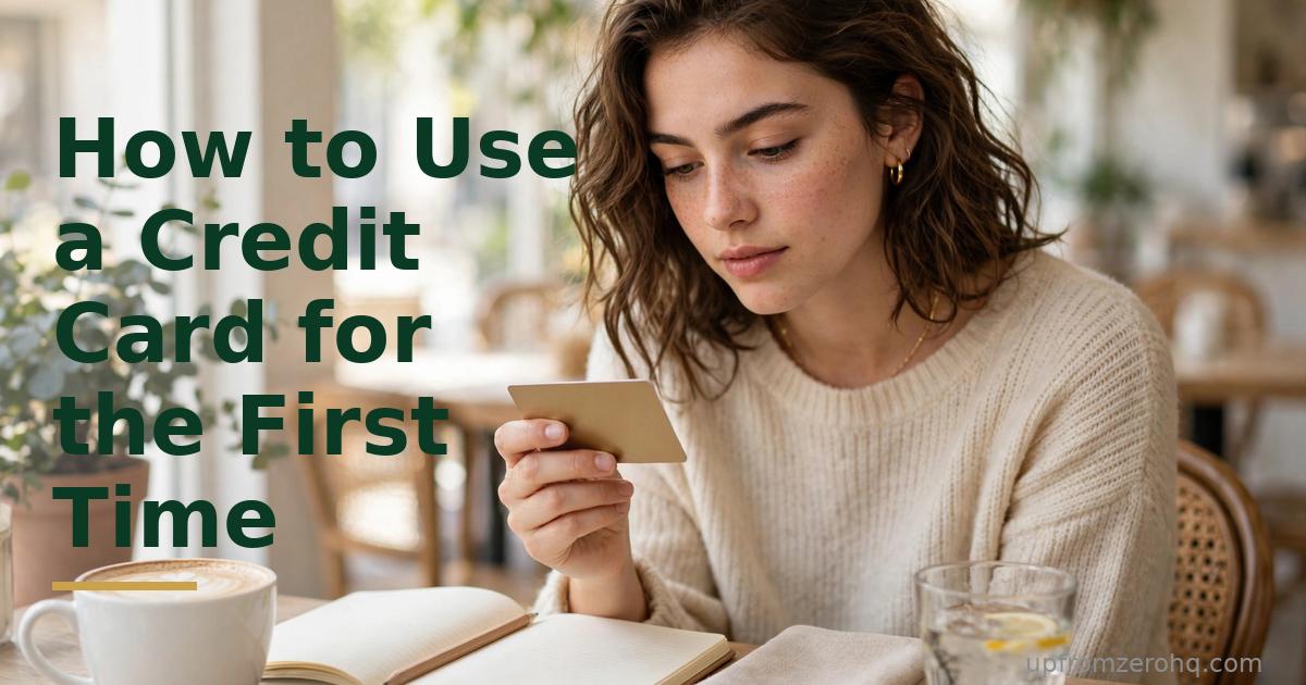 A young woman studying her first credit card at a cafe table