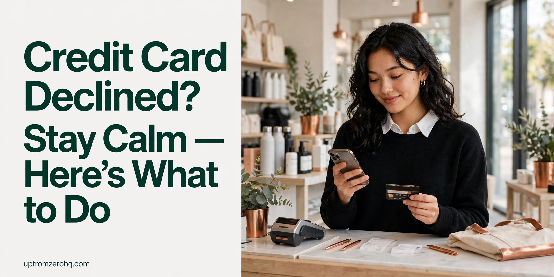 A young woman at a store checkout calmly checking her phone after a card decline